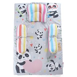 Babyhug 100% Cotton Bedding Set Panda Theme - Grey| Soft Breathable Cotton Fabric| U Shaped Pillow, Bolsters, Mattress| Washable