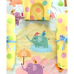 Babyhug 100% Cotton Bedding Set Panda Theme - Grey| Soft Breathable Cotton Fabric| U Shaped Pillow, Bolsters, Mattress| Washable