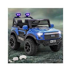 Babyhug 4x4 Battery Operated Ride on Jeep with Music & LED Lights - Blue| Rechargeable Battery| Openable Doors| Built-in Music & AUX| Remote Control| Easy to Assemble|Forward & Reverse