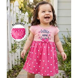 Babyhug Single Jersey Knit Half Sleeves Heart & Text Printed Frock with Bloomer & Bow Applique - Pink