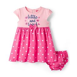 Babyhug Single Jersey Knit Half Sleeves Heart & Text Printed Frock with Bloomer & Bow Applique - Pink