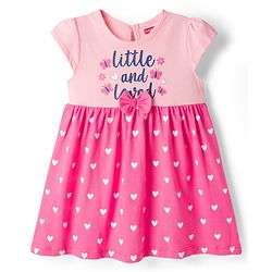 Babyhug Single Jersey Knit Half Sleeves Heart & Text Printed Frock with Bloomer & Bow Applique - Pink