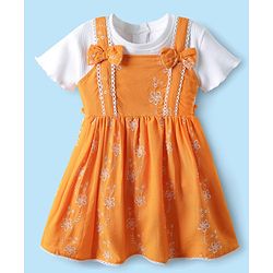 Babyhug Cotton Woven Frock & Half Sleeves Ribbed Inner Tee With Floral Embroidery & Bow Applique - Orange & White