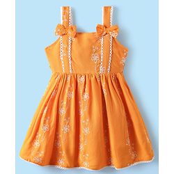 Babyhug Cotton Woven Frock & Half Sleeves Ribbed Inner Tee With Floral Embroidery & Bow Applique - Orange & White