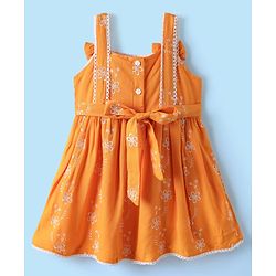 Babyhug Cotton Woven Frock & Half Sleeves Ribbed Inner Tee With Floral Embroidery & Bow Applique - Orange & White