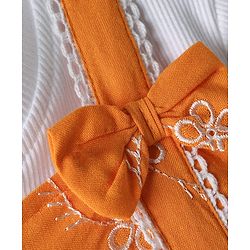 Babyhug Cotton Woven Frock & Half Sleeves Ribbed Inner Tee With Floral Embroidery & Bow Applique - Orange & White