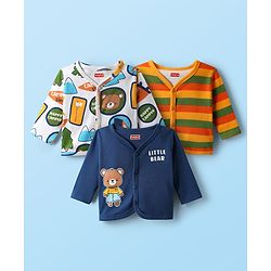 Babyhug 100% Cotton Knit Full Sleeves Antibacterial Front Open Jhablas With Stripes & Teddy Bear Print Pack of 3 - Navy Blue Orange & White