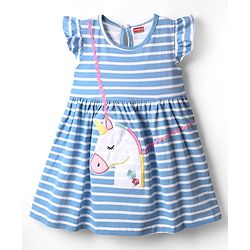 Babyhug Single Jersey Knit Frill Sleeves Frock with Stripes & Unicorn Patch & Embroidery - Blue