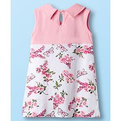 Babyhug Single Jersey Knit Sleeveless Frock With Floral Print & Bow Applique - Pink & White