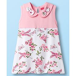Babyhug Single Jersey Knit Sleeveless Frock With Floral Print & Bow Applique - Pink & White