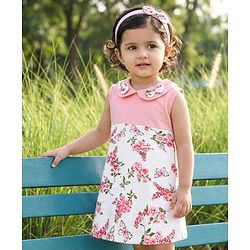 Babyhug Single Jersey Knit Sleeveless Frock With Floral Print & Bow Applique - Pink & White