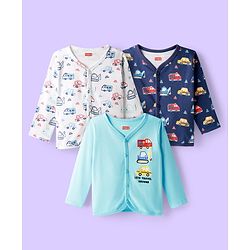 Babyhug 100% Cotton Knit Full Sleeves Antibacterial Front Open Vest with Vehicle Print Pack of 3 - Blue & White