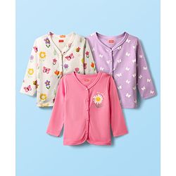 Babyhug 100% Cotton Interlock Knit Full Sleeves Antibacterial Front Open Jhablas with Floral & Butterfly Print Pack of 3 - Lilac White & Pink