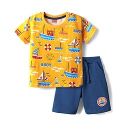Babyhug Single Jersey Knit Half Sleeves T-Shirt & Shorts Set with Nautical Print - Yellow & Navy Blue