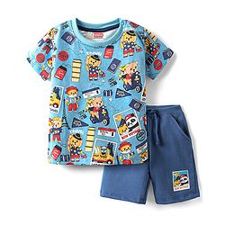 Babyhug Single Jersey Knit Half Sleeves Travel Theme Printed T-Shirt & Shorts Set - Blue
