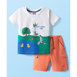 Babyhug Single Jersey Knit Half Sleeves T-Shirt & Shorts Set with Animal Print - Orange & White