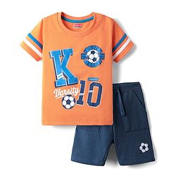 Babyhug Single Jersey Knit Half Sleeves T-Shirt & Shorts Set with Game Text Print - Orange & Navy Blue