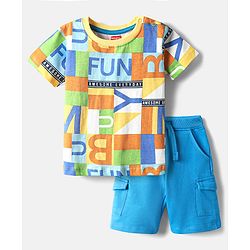 Babyhug Single Jersey Knit Half Sleeves T-Shirt & Shorts Set with Fun Text Print - Blue & Yellow
