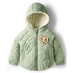 Babyhug Woven Full Raglan Sleeves Hooded Quilted Jacket with Applique & Kangaroo Pocket - Olive Green