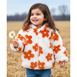 Babyhug Fur Woven Full Sleeves Hooded Fur Winter Jacket with Floral Print - White