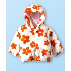 Babyhug Fur Woven Full Sleeves Hooded Fur Winter Jacket with Floral Print - White