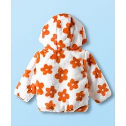 Babyhug Fur Woven Full Sleeves Hooded Fur Winter Jacket with Floral Print - White