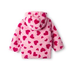 Babyhug Woven Full Sleeves Hooded Winter Fur Jacket with Heart Print - Pink