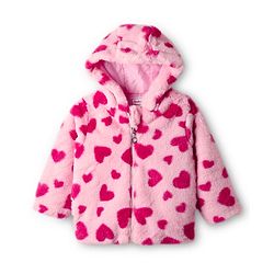 Babyhug Woven Full Sleeves Hooded Winter Fur Jacket with Heart Print - Pink