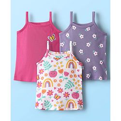 Babyhug 100% Cotton Single Jersey Knit Singlet Antibacterial Slips with Floral & Butterfly Print Pack of 3 - Lilac White & Pink
