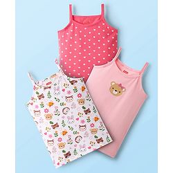 Babyhug 100% Cotton Knit Antibacterial Sleeveless Heart & Animal Printed Slips Pack of 3 - Pink & White