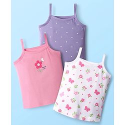 Babyhug 100% Cotton Single Jersey Knit Antibacterial Slips with Polka Dot & Floral Print Pack of 3 - White Pink & Light Purple