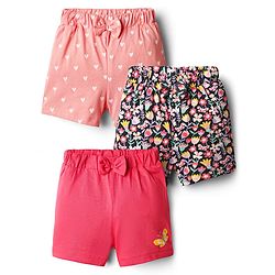 Babyhug Single Jersey Knit Shorts With Floral Hearts & Butterfly Print & Bow Applique Pack Of 3 - Multi Colour