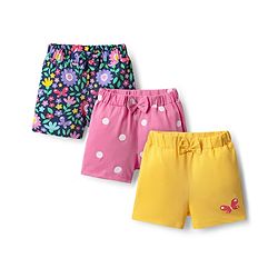 Babyhug Cotton Single Jersey Knit Shorts with Polka Dot Design Floral & Butterfly Print - Pack of 3 - Pink Yellow & Black