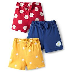 Babyhug Cotton Single Jersey Knit Shorts With Floral & Polka Dot Print Pack Of 3 - Yellow Red & Navy Blue