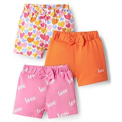 Babyhug Single Jersey Knit Shorts With Hearts Print & Bow Applique Pack Of 3 - Orange Pink & White