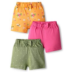 Babyhug Cotton Single Jersey Knit Floral & Polka Dot Printed Shorts With Bow Applique Pack of 3 - Pink Yellow & Green