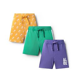 Babyhug Cotton Single Jersey Knit Shorts with Tropical Theme Print Pack of 3 - Yellow Mint & Purple