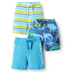 Babyhug Single Jersey Knit Shorts With Stripes & Dino Print Pack Of 3 - Light Blue Green & Navy Blue