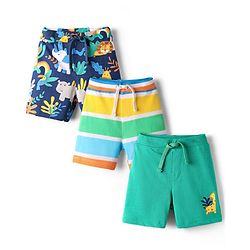 Babyhug 100% Cotton Single Jersey Knit Shorts With Animal & Stripe Print Pack Of 3 - Navy Blue & Light Green