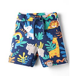 Babyhug 100% Cotton Single Jersey Knit Shorts With Animal & Stripe Print Pack Of 3 - Navy Blue & Light Green