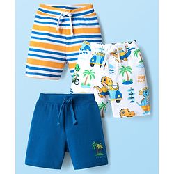 Babyhug Cotton Single Jersey Knit Shorts With Stripes & Dino Print Pack Of 3 - Navy Blue Light Blue & Yellow
