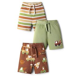 Babyhug Single Jersey Knit Shorts With Stripes & Vehicles Print Pack Of 3 - Multi Colour