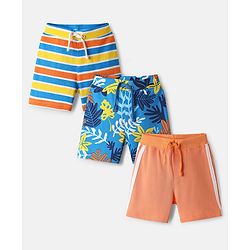 Babyhug Cotton Single Jersey Knit Shorts With Stripes & Tropical Theme Print Pack Of 3 - Blue Orange & Yellow