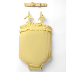 Babyhug 100% Cotton Knit Sleeveless Solid Color Onesie and Hairband with Frill Detailing - Yellow