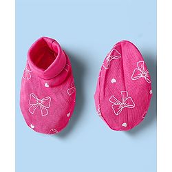 Babyhug 100% Cotton Knit Bow Print & Applique Onesie with Full Sleeves T-Shirt Headband & Booties - Dark Pink