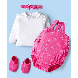 Babyhug 100% Cotton Knit Bow Print & Applique Onesie with Full Sleeves T-Shirt Headband & Booties - Dark Pink