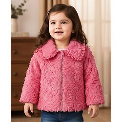 Babyhug Woven Full Sleeves Collar Neck Winter Fur Jacket With Floral Design - Pink