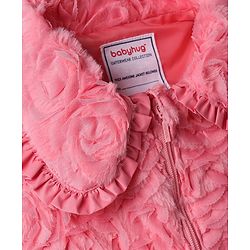 Babyhug Woven Full Sleeves Collar Neck Winter Fur Jacket With Floral Design - Pink