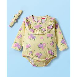 Babyhug 100% Cotton Knit Full Sleeves Onesie With Floral Print & Headband - Yellow