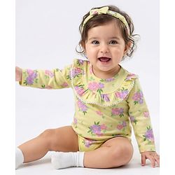 Babyhug 100% Cotton Knit Full Sleeves Onesie With Floral Print & Headband - Yellow